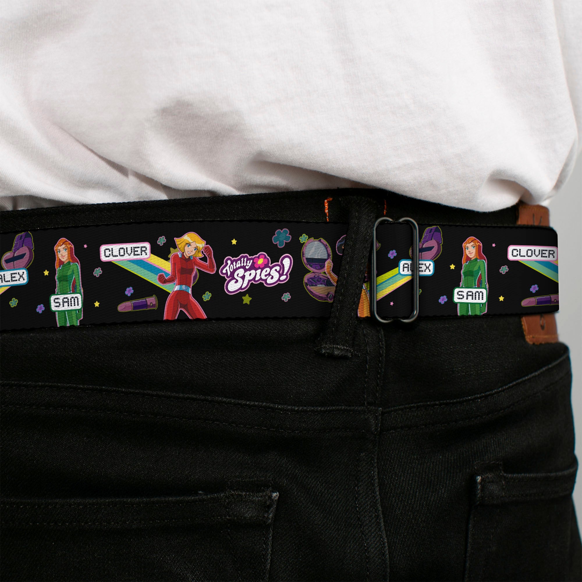 TOTALLY SPIES! Title Logo Full Color Yellow Seatbelt Belt - TOTALLY SPIES Action Poses and Title Logo Black/Multi Color Webbing