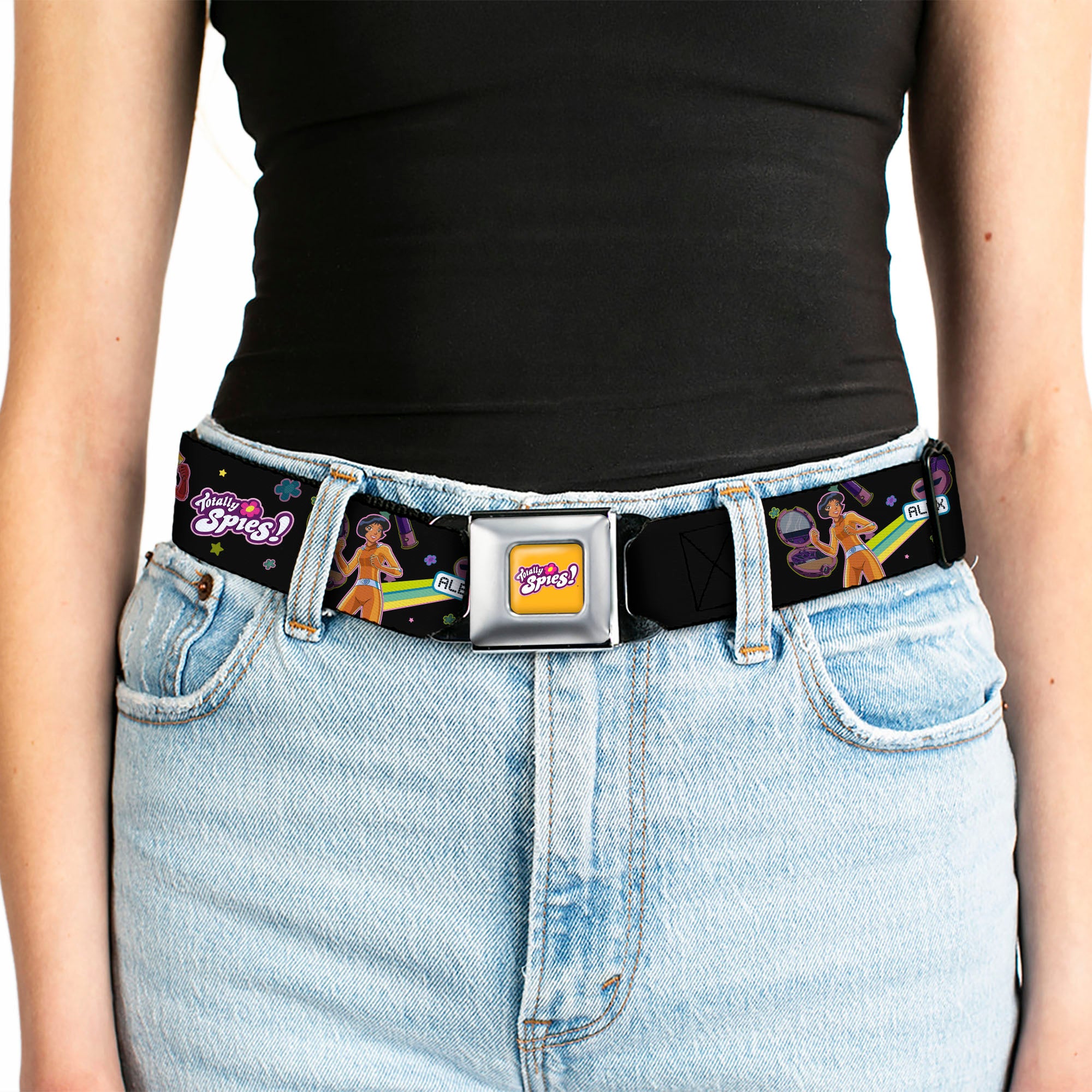 TOTALLY SPIES! Title Logo Full Color Yellow Seatbelt Belt - TOTALLY SPIES Action Poses and Title Logo Black/Multi Color Webbing