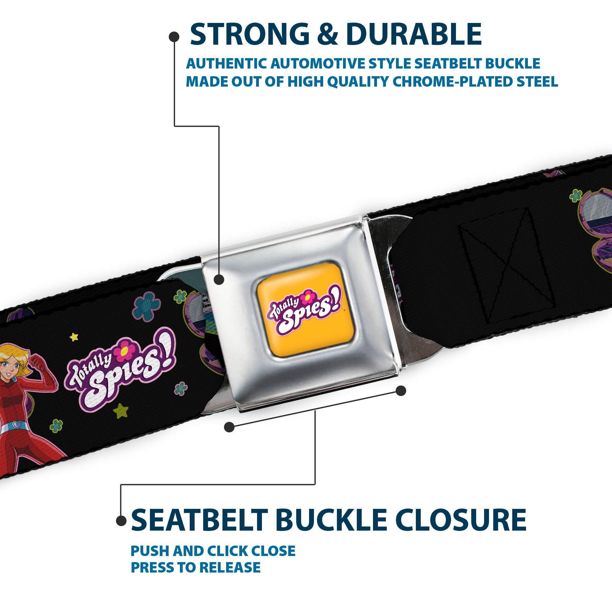 TOTALLY SPIES! Title Logo Full Color Yellow Seatbelt Belt - TOTALLY SPIES Action Poses and Title Logo Black/Multi Color Webbing