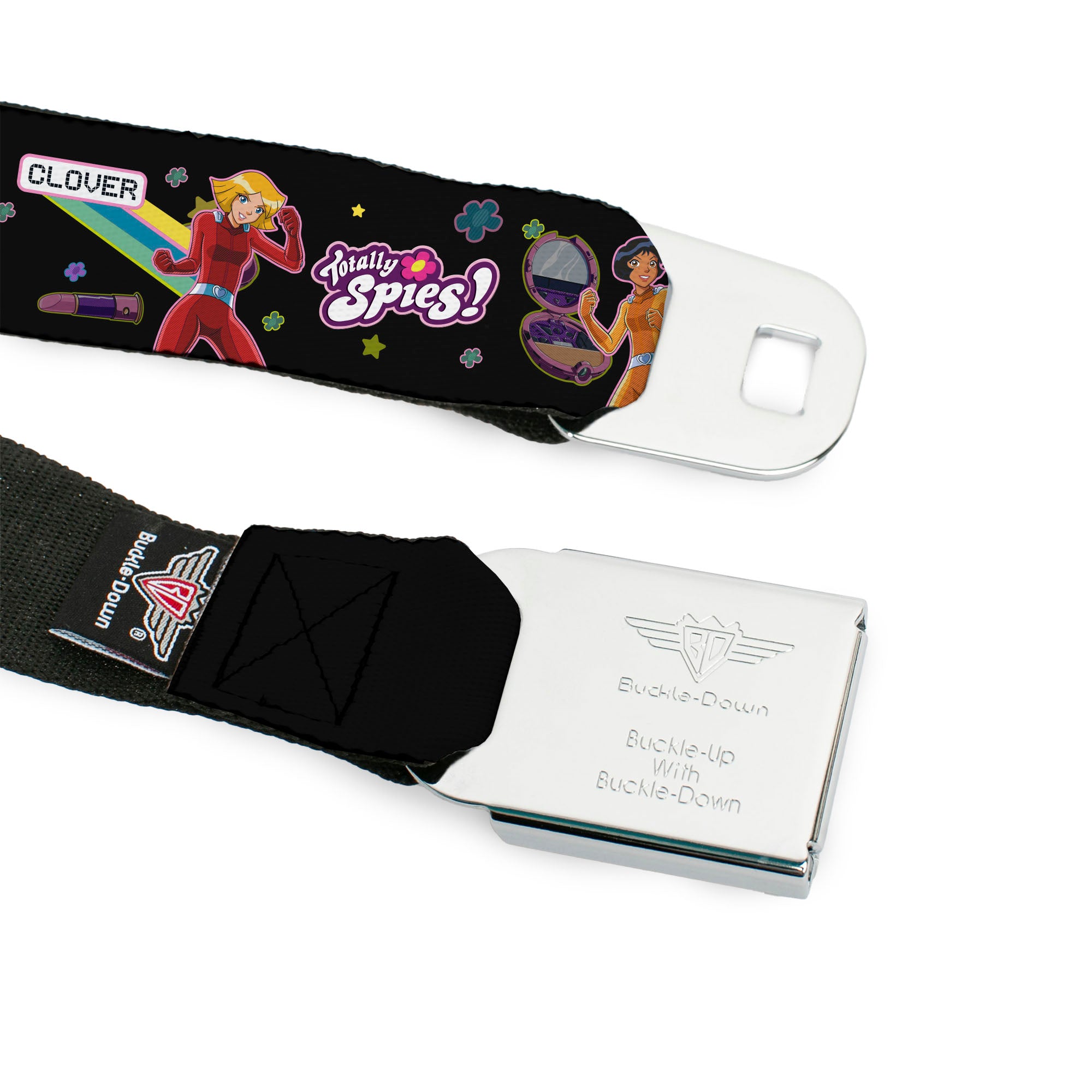 TOTALLY SPIES! Title Logo Full Color Yellow Seatbelt Belt - TOTALLY SPIES Action Poses and Title Logo Black/Multi Color Webbing