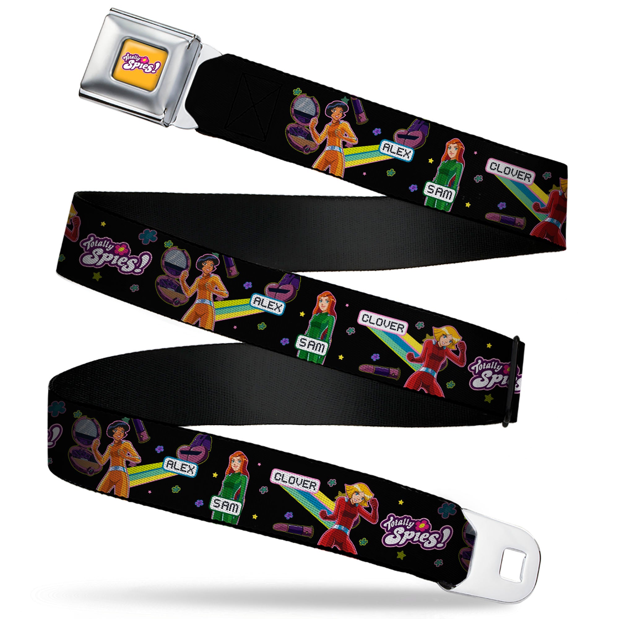 TOTALLY SPIES! Title Logo Full Color Yellow Seatbelt Belt - TOTALLY SPIES Action Poses and Title Logo Black/Multi Color Webbing