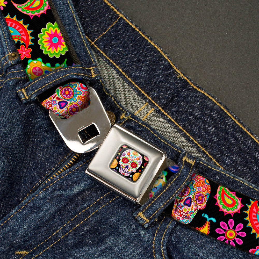 Sugar Skull Starburst Full Color Black/Multi Color Seatbelt Belt - Bobo Sugar Skull/Paisley Black/Multi Color Webbing Seatbelt Belts Thaneeya McArdle