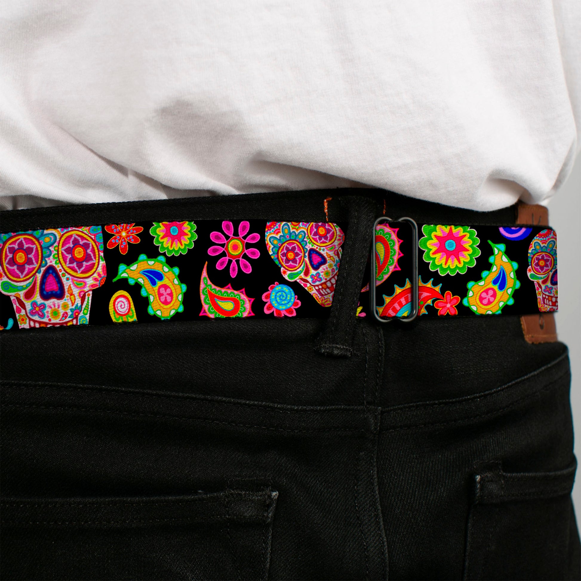 Sugar Skull Starburst Full Color Black/Multi Color Seatbelt Belt - Bobo Sugar Skull/Paisley Black/Multi Color Webbing Seatbelt Belts Thaneeya McArdle