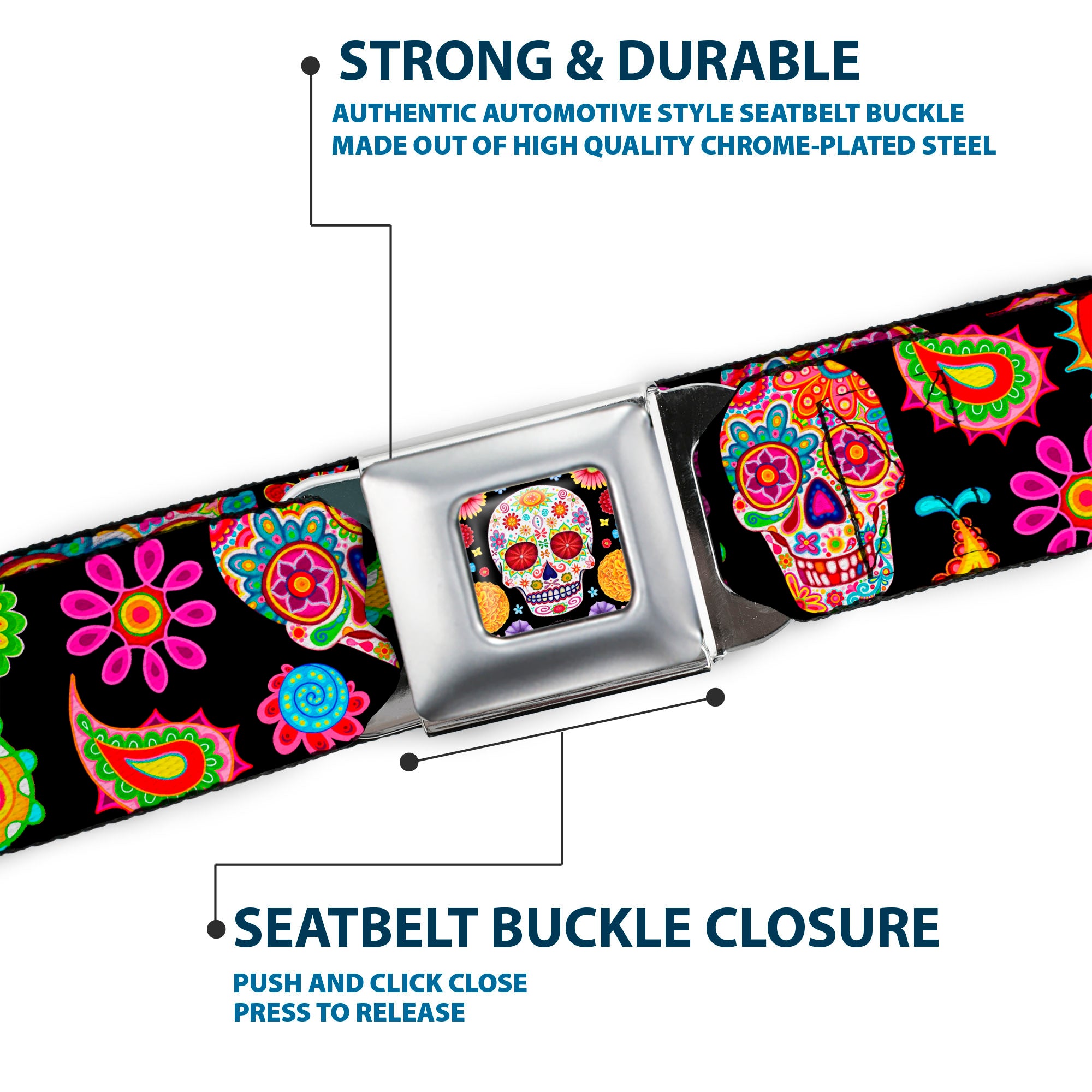 Sugar Skull Starburst Full Color Black/Multi Color Seatbelt Belt - Bobo Sugar Skull/Paisley Black/Multi Color Webbing Seatbelt Belts Thaneeya McArdle