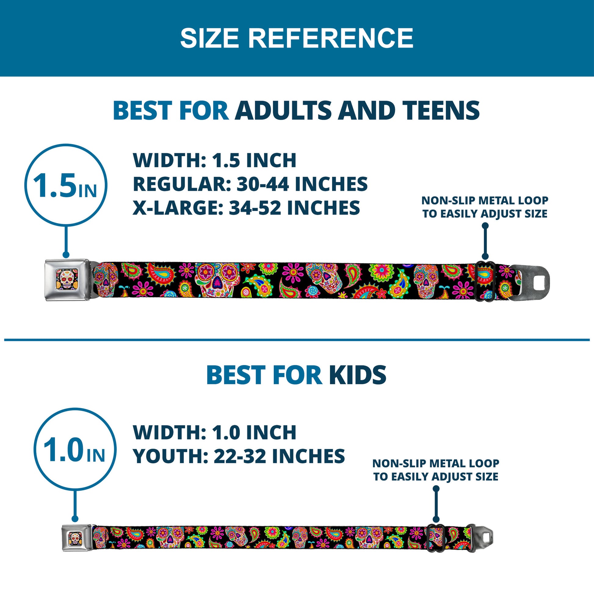 Sugar Skull Starburst Full Color Black/Multi Color Seatbelt Belt - Bobo Sugar Skull/Paisley Black/Multi Color Webbing Seatbelt Belts Thaneeya McArdle