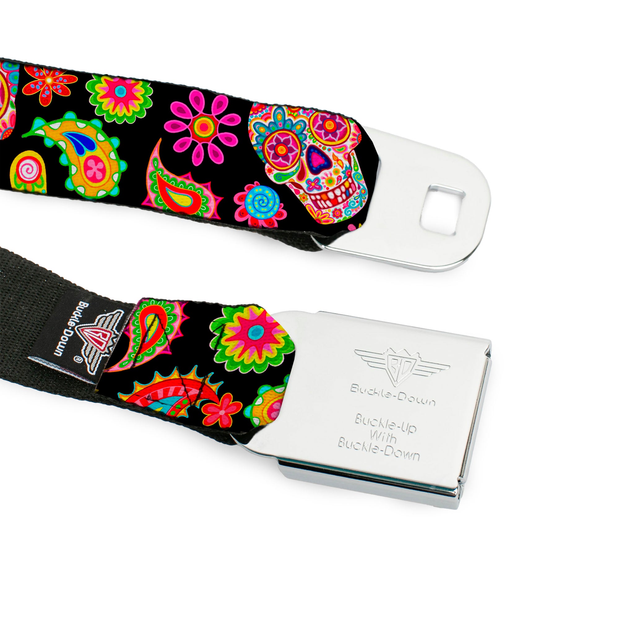 Sugar Skull Starburst Full Color Black/Multi Color Seatbelt Belt - Bobo Sugar Skull/Paisley Black/Multi Color Webbing Seatbelt Belts Thaneeya McArdle