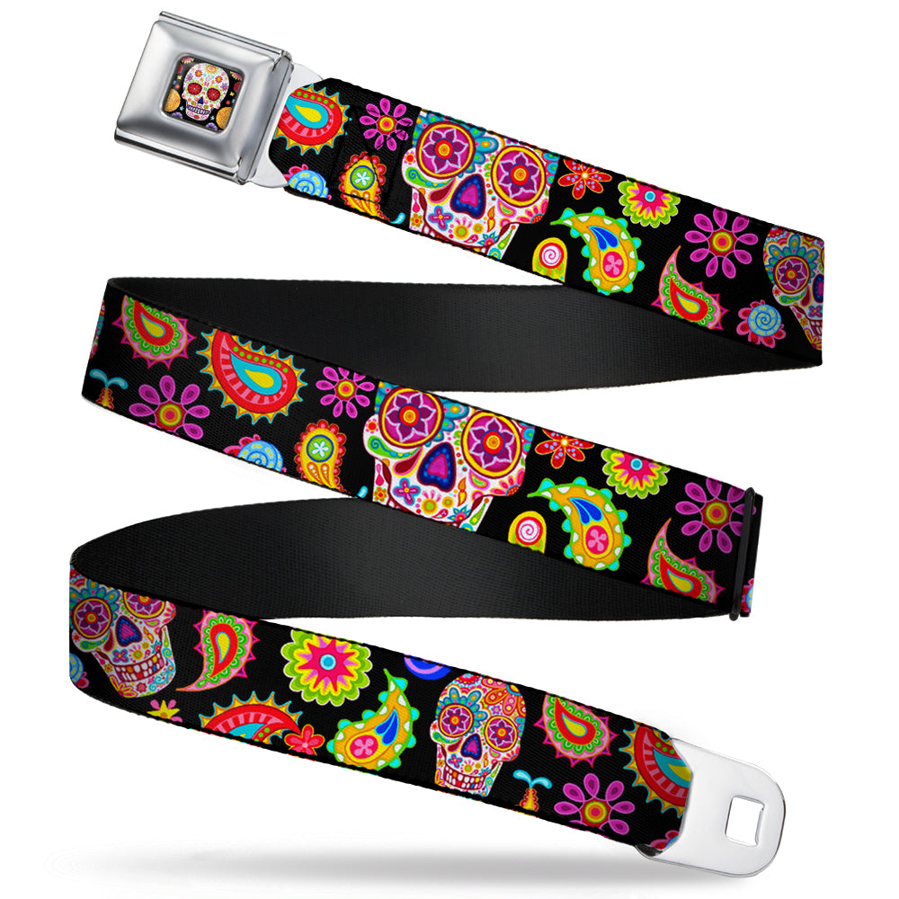Sugar Skull Starburst Full Color Black/Multi Color Seatbelt Belt - Bobo Sugar Skull/Paisley Black/Multi Color Webbing Seatbelt Belts Thaneeya McArdle