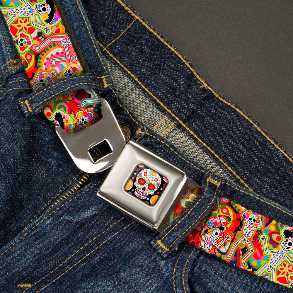 Sugar Skull Starburst Full Color Black/Multi Color Seatbelt Belt - Dancing Catrinas Collage Multi Color Webbing Seatbelt Belts Thaneeya McArdle