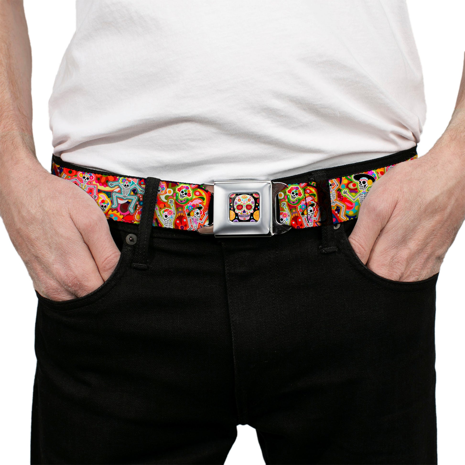 Sugar Skull Starburst Full Color Black/Multi Color Seatbelt Belt - Dancing Catrinas Collage Multi Color Webbing Seatbelt Belts Thaneeya McArdle