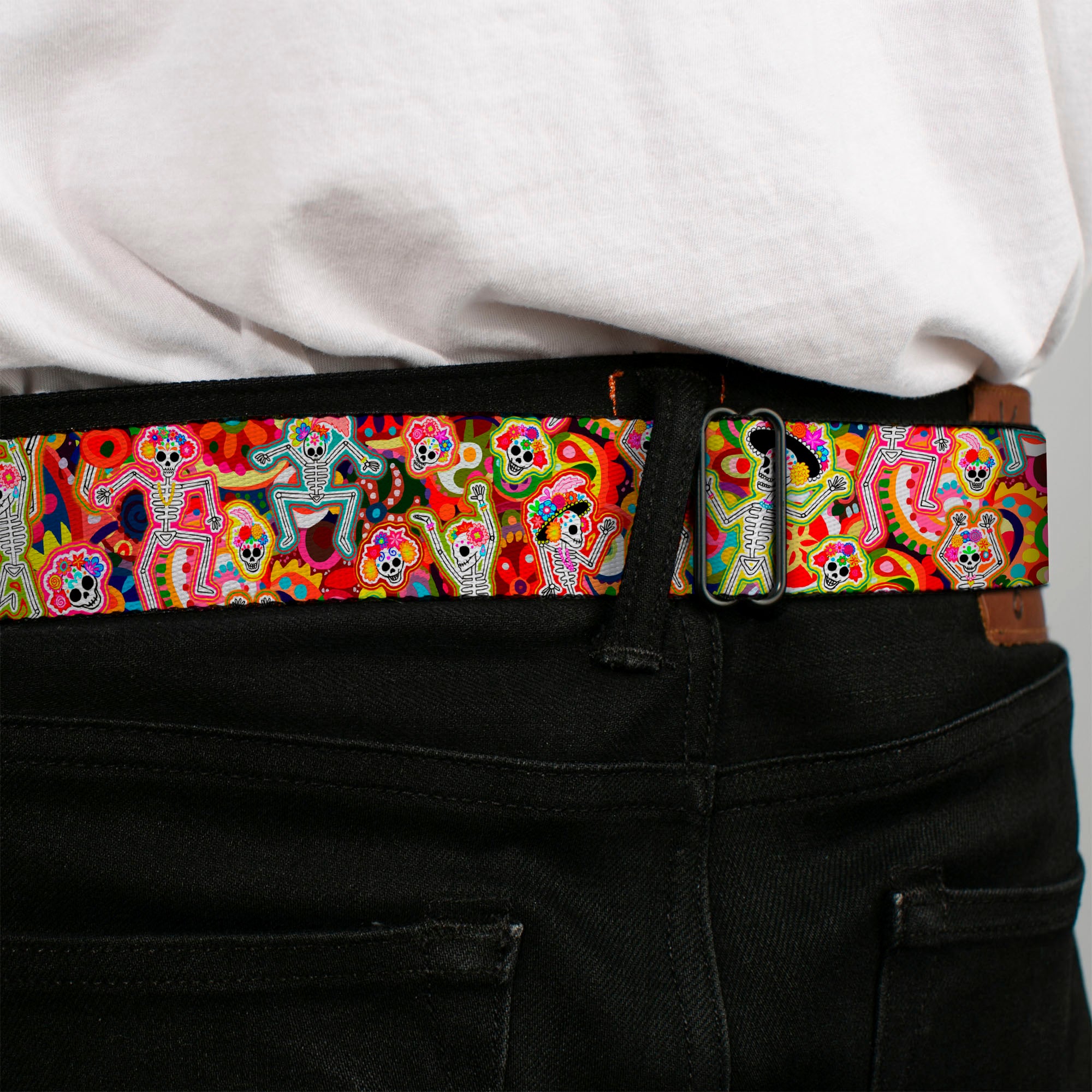 Sugar Skull Starburst Full Color Black/Multi Color Seatbelt Belt - Dancing Catrinas Collage Multi Color Webbing Seatbelt Belts Thaneeya McArdle