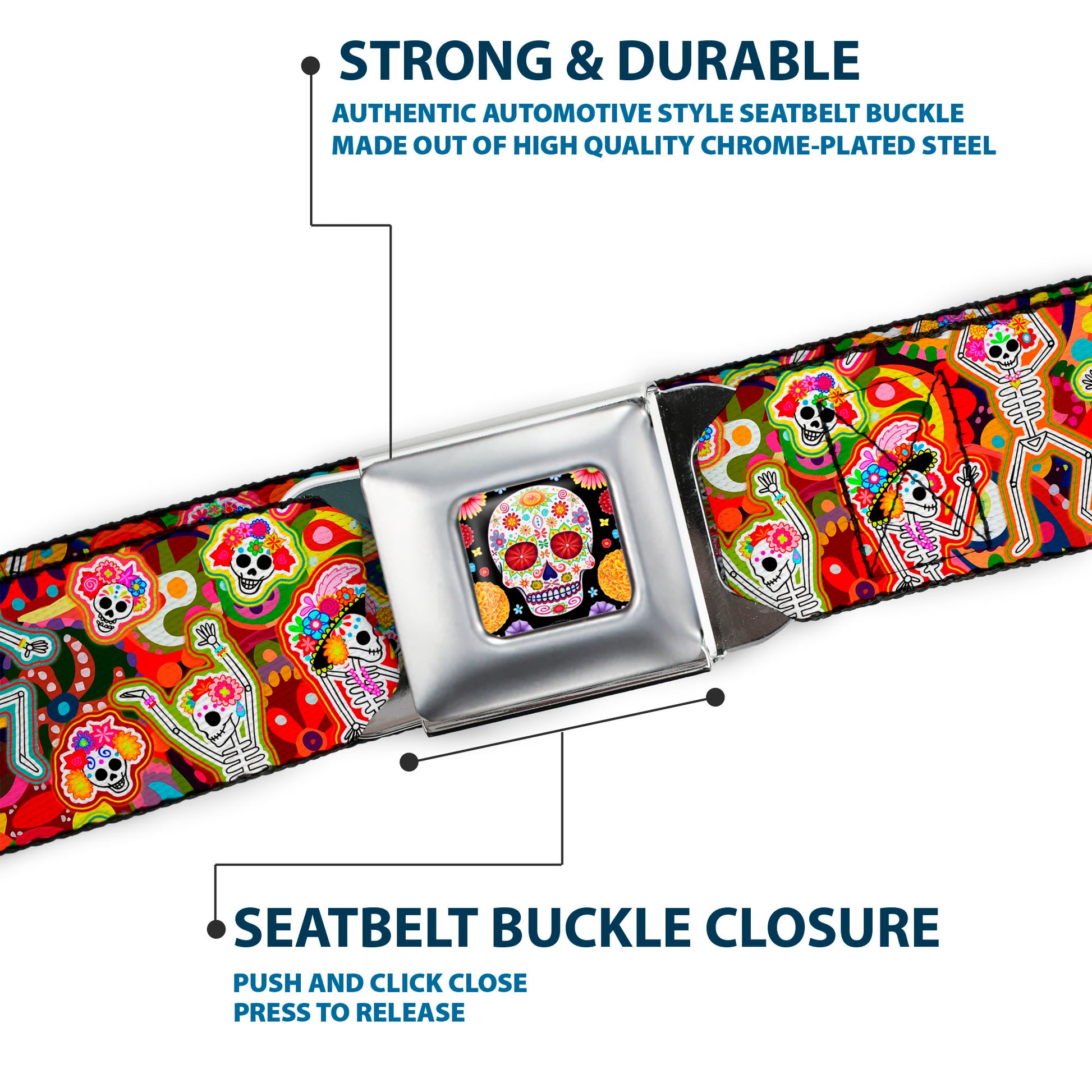 Sugar Skull Starburst Full Color Black/Multi Color Seatbelt Belt - Dancing Catrinas Collage Multi Color Webbing Seatbelt Belts Thaneeya McArdle