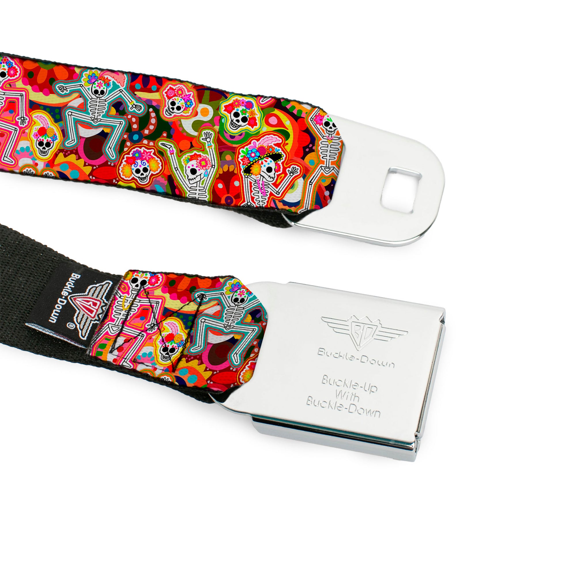 Sugar Skull Starburst Full Color Black/Multi Color Seatbelt Belt - Dancing Catrinas Collage Multi Color Webbing Seatbelt Belts Thaneeya McArdle