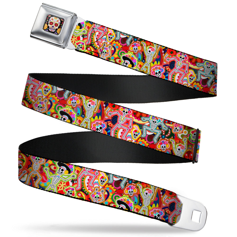 Sugar Skull Starburst Full Color Black/Multi Color Seatbelt Belt - Dancing Catrinas Collage Multi Color Webbing Seatbelt Belts Thaneeya McArdle