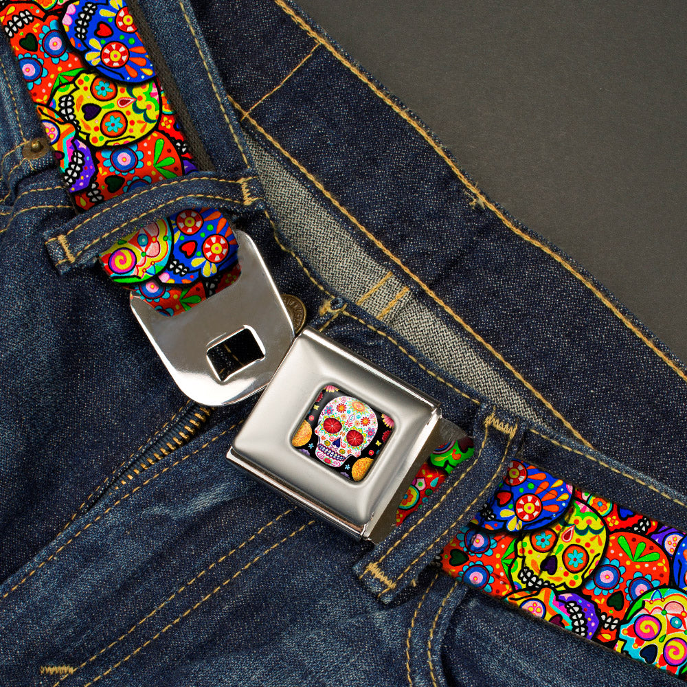 Sugar Skull Starburst Full Color Black/Multi Color Seatbelt Belt - Colorful Calaveras Stacked Multi Color Webbing Seatbelt Belts Thaneeya McArdle