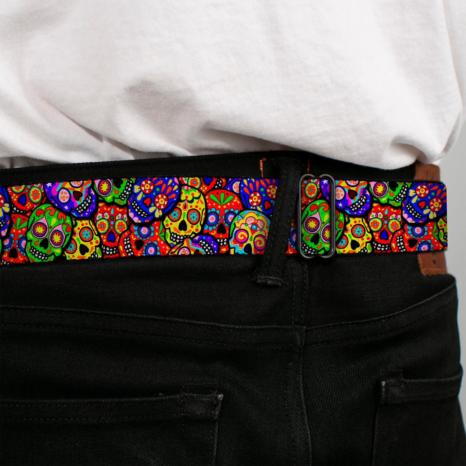 Sugar Skull Starburst Full Color Black/Multi Color Seatbelt Belt - Colorful Calaveras Stacked Multi Color Webbing Seatbelt Belts Thaneeya McArdle