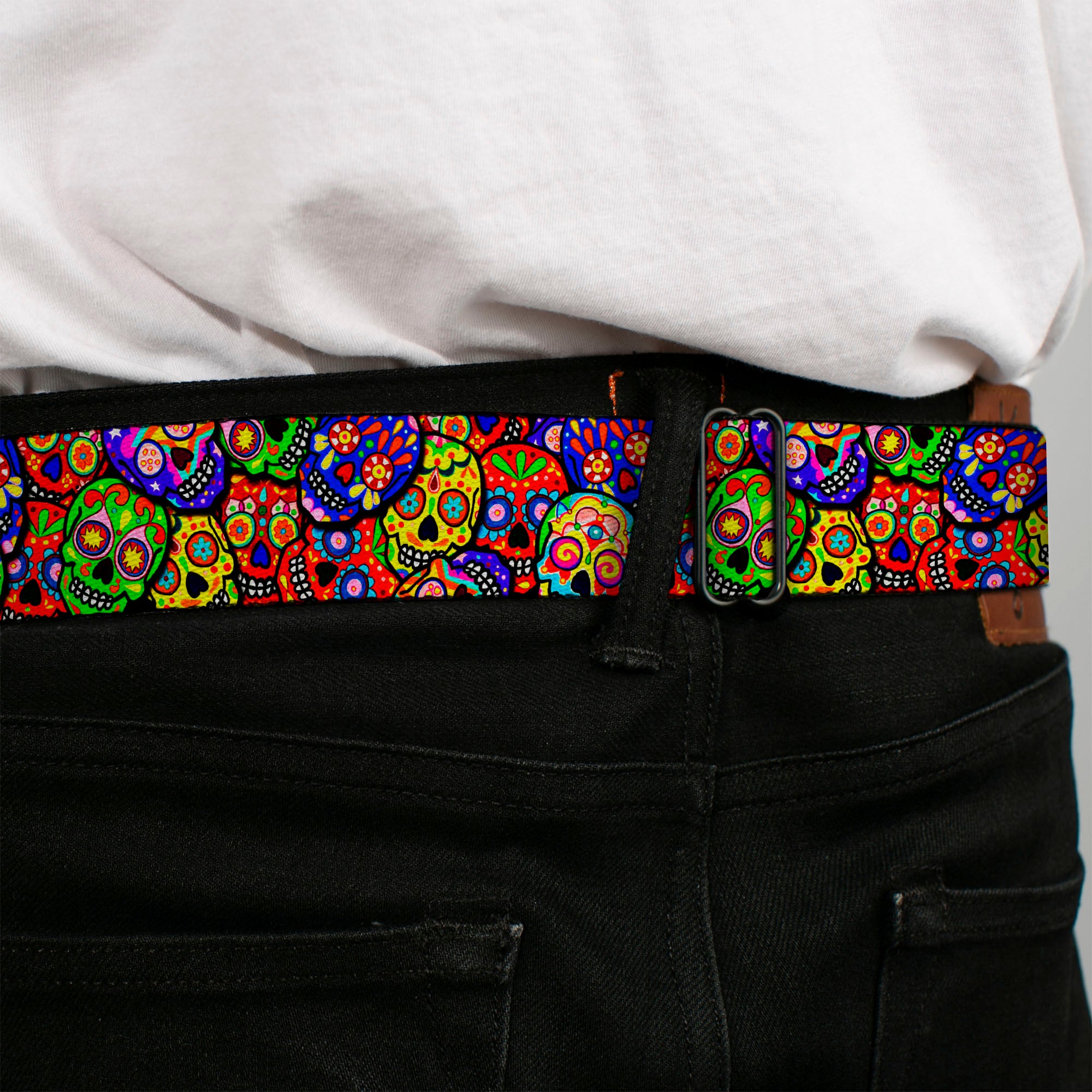 Sugar Skull Starburst Full Color Black/Multi Color Seatbelt Belt - Colorful Calaveras Stacked Multi Color Webbing Seatbelt Belts Thaneeya McArdle