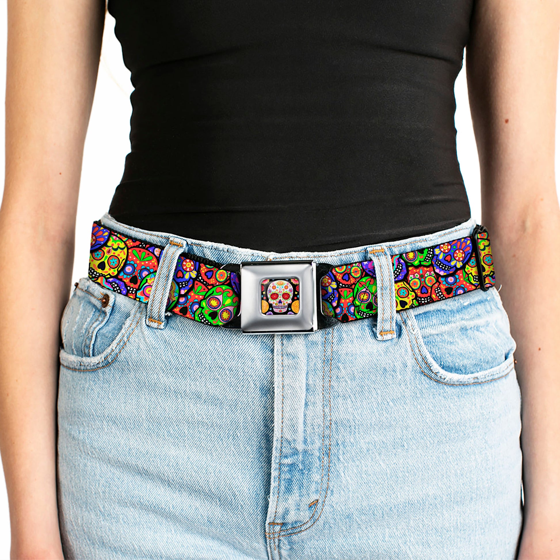 Sugar Skull Starburst Full Color Black/Multi Color Seatbelt Belt - Colorful Calaveras Stacked Multi Color Webbing Seatbelt Belts Thaneeya McArdle