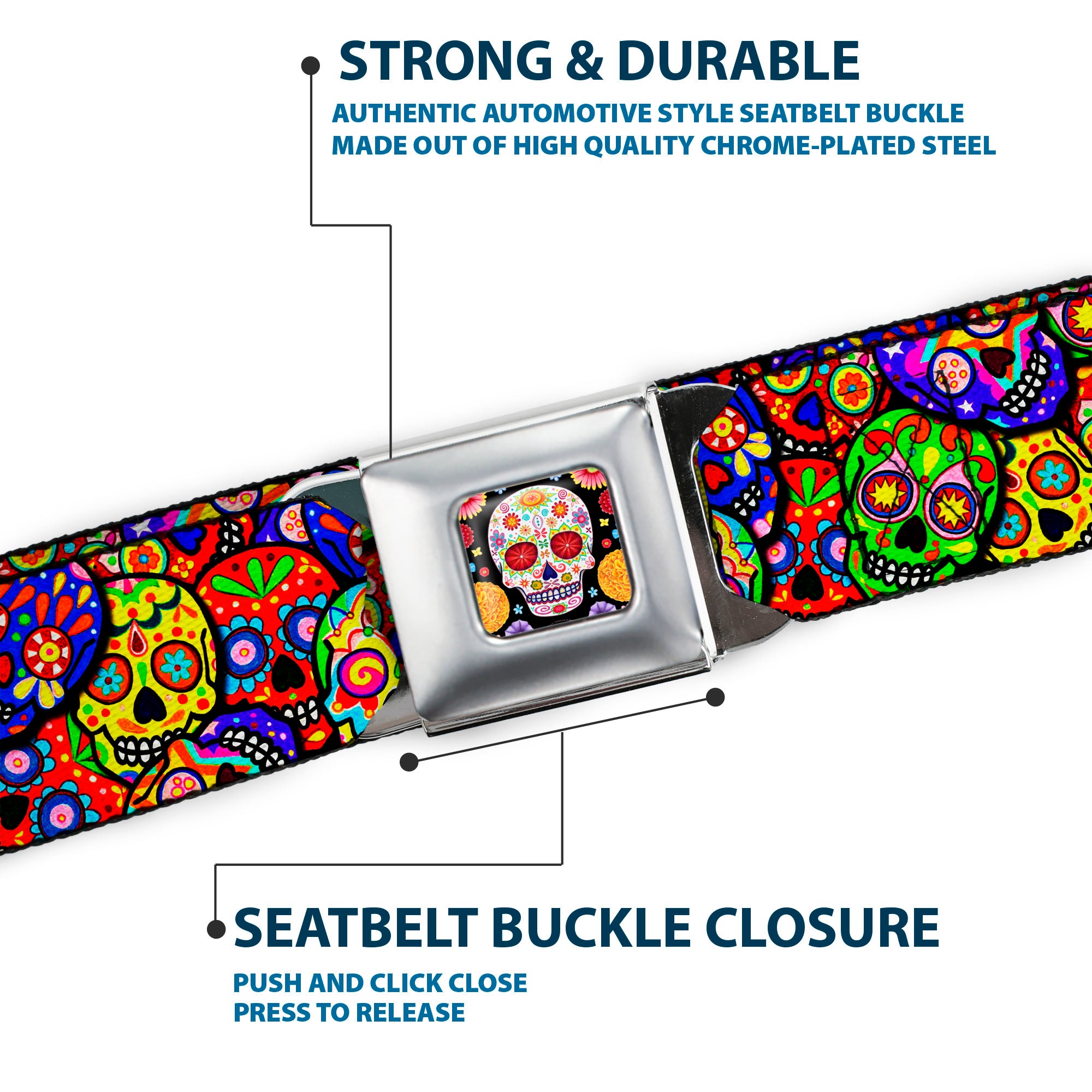 Sugar Skull Starburst Full Color Black/Multi Color Seatbelt Belt - Colorful Calaveras Stacked Multi Color Webbing Seatbelt Belts Thaneeya McArdle