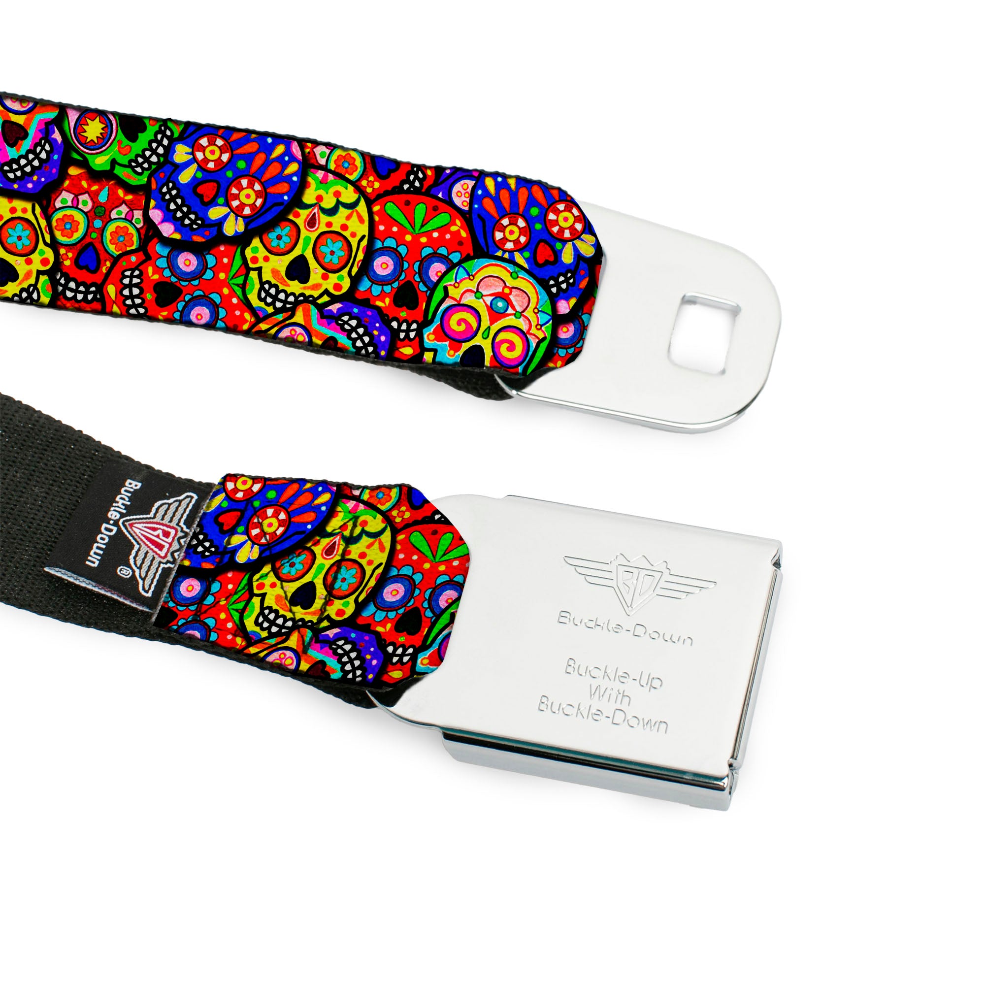 Sugar Skull Starburst Full Color Black/Multi Color Seatbelt Belt - Colorful Calaveras Stacked Multi Color Webbing Seatbelt Belts Thaneeya McArdle