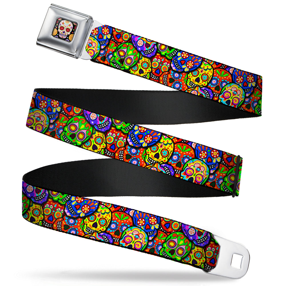 Sugar Skull Starburst Full Color Black/Multi Color Seatbelt Belt - Colorful Calaveras Stacked Multi Color Webbing Seatbelt Belts Thaneeya McArdle
