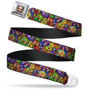 Sugar Skull Starburst Full Color Black/Multi Color Seatbelt Belt - Colorful Calaveras Stacked Multi Color Webbing Seatbelt Belts Thaneeya McArdle