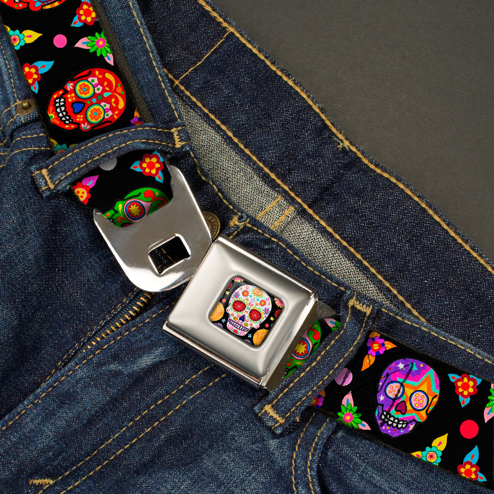 Sugar Skull Starburst Full Color Black/Multi Color Seatbelt Belt - Colorful Calaveras Black/Multi Color Webbing Seatbelt Belts Thaneeya McArdle