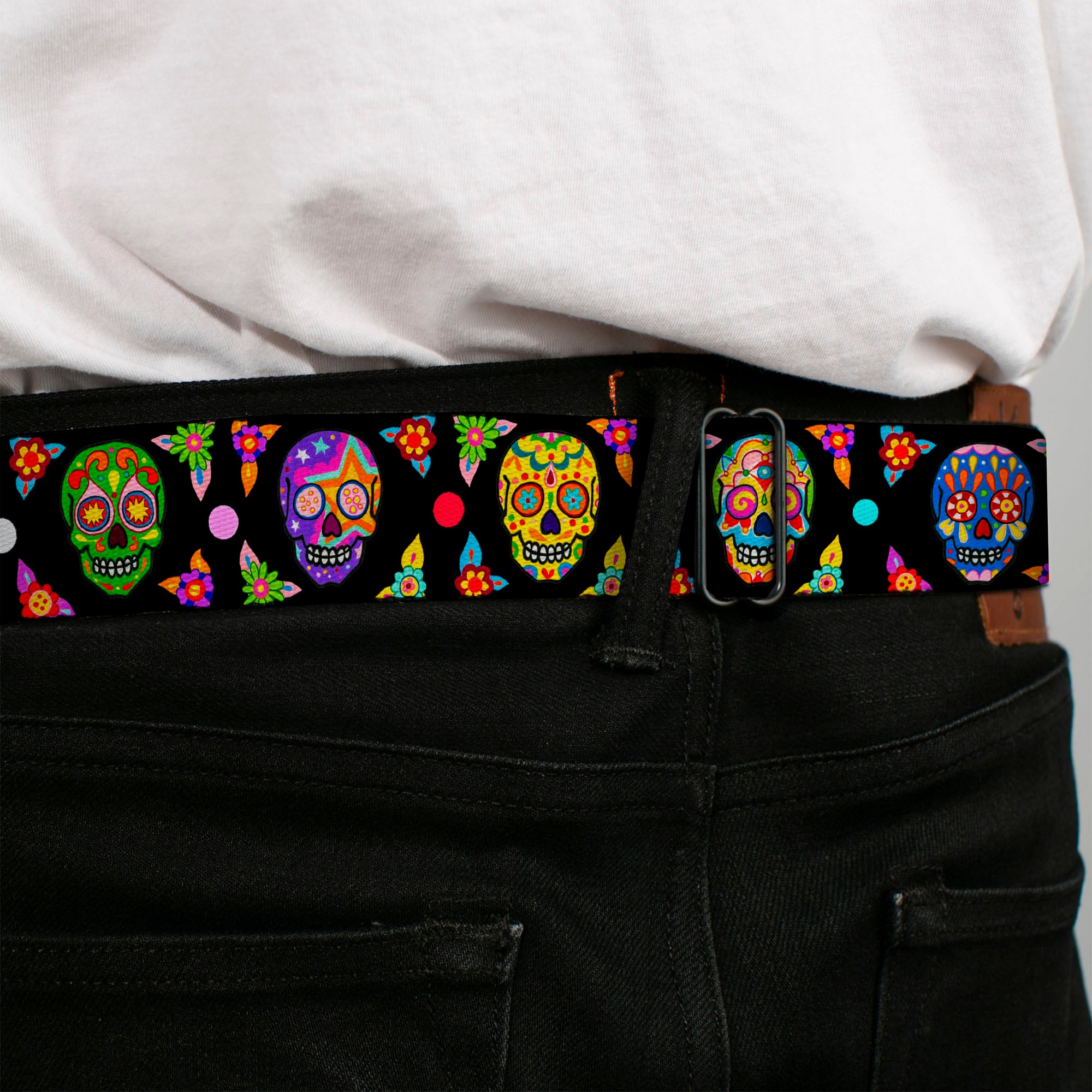 Sugar Skull Starburst Full Color Black/Multi Color Seatbelt Belt - Colorful Calaveras Black/Multi Color Webbing Seatbelt Belts Thaneeya McArdle