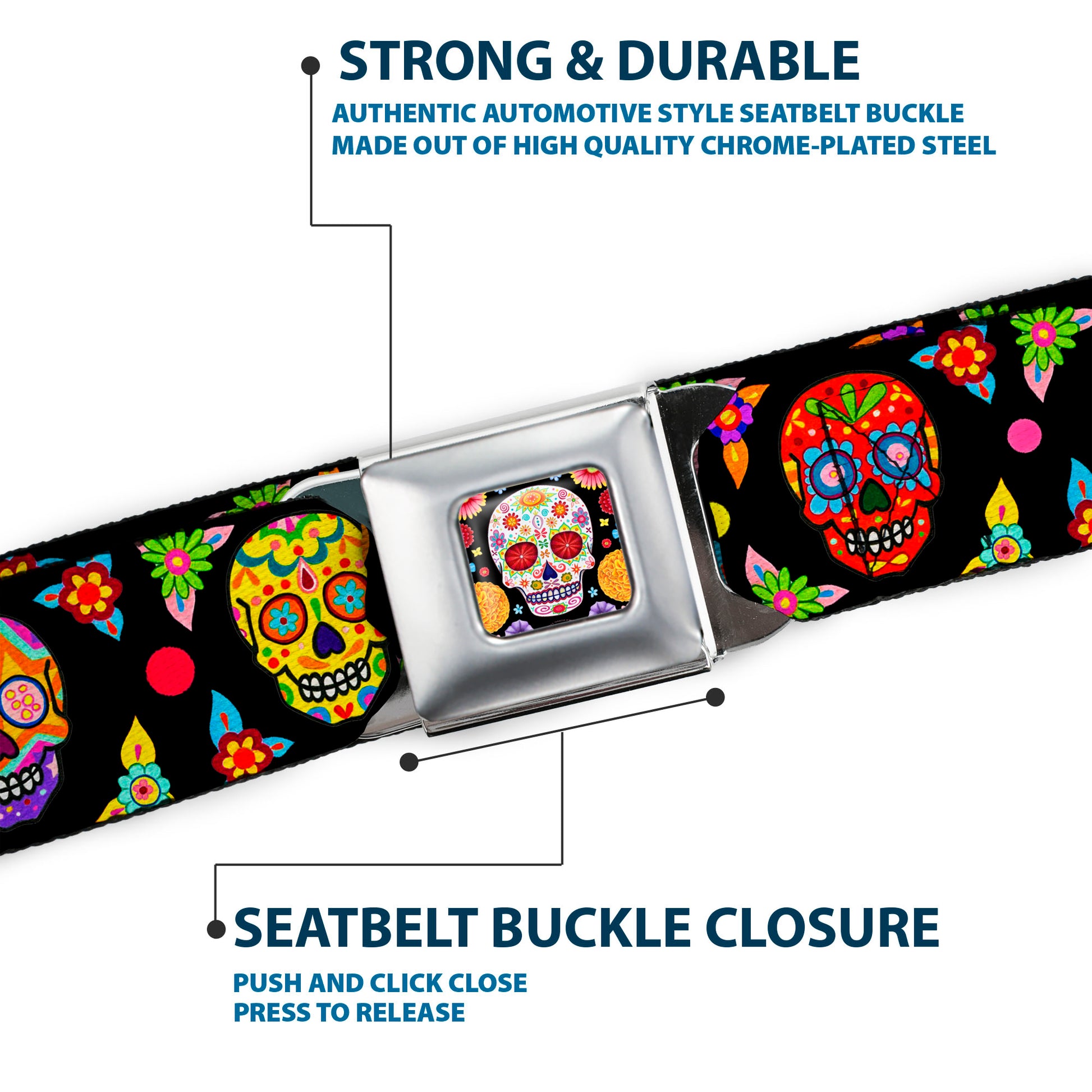 Sugar Skull Starburst Full Color Black/Multi Color Seatbelt Belt - Colorful Calaveras Black/Multi Color Webbing Seatbelt Belts Thaneeya McArdle