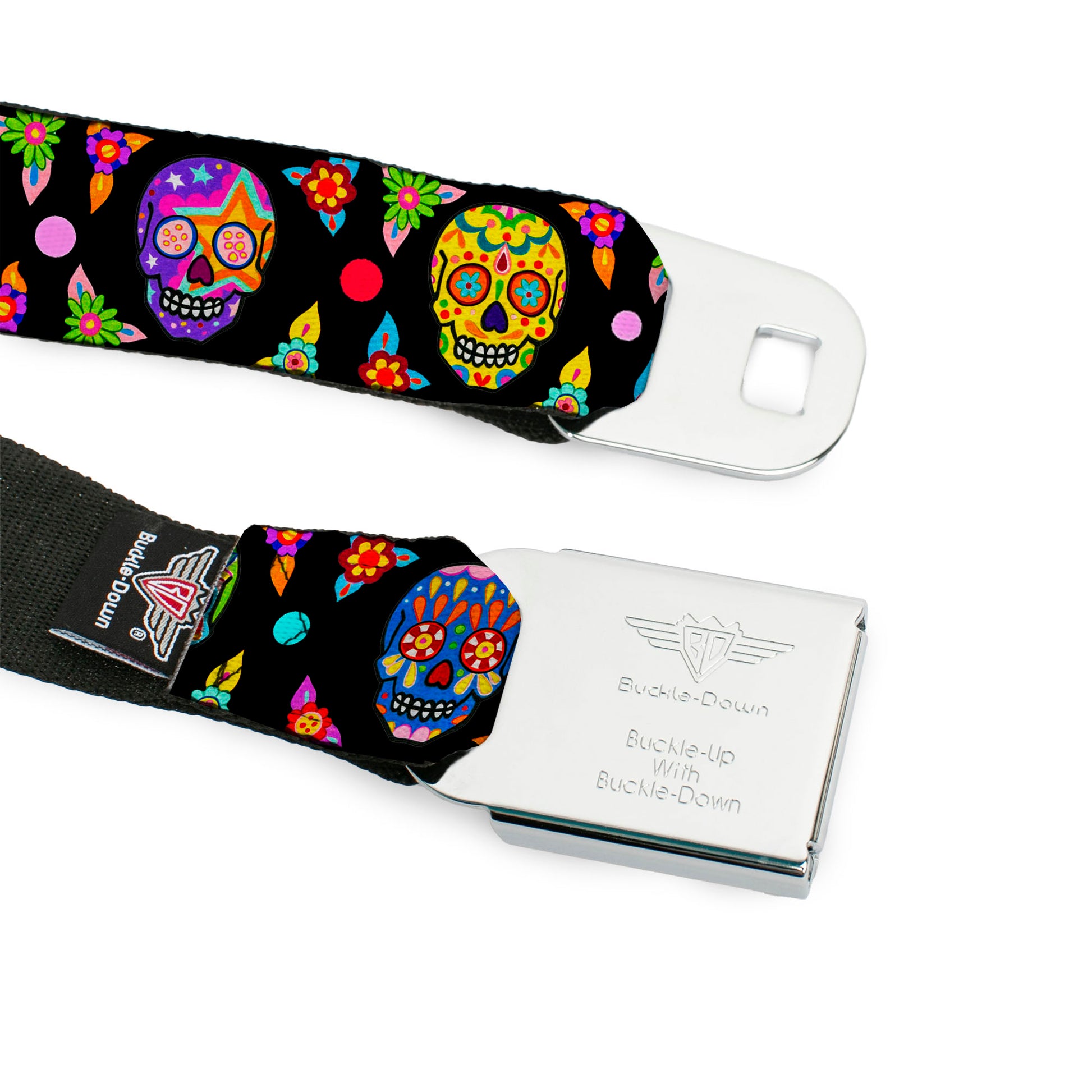 Sugar Skull Starburst Full Color Black/Multi Color Seatbelt Belt - Colorful Calaveras Black/Multi Color Webbing Seatbelt Belts Thaneeya McArdle