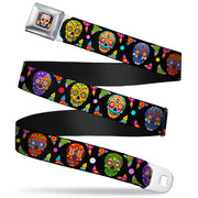 Sugar Skull Starburst Full Color Black/Multi Color Seatbelt Belt - Colorful Calaveras Black/Multi Color Webbing Seatbelt Belts Thaneeya McArdle