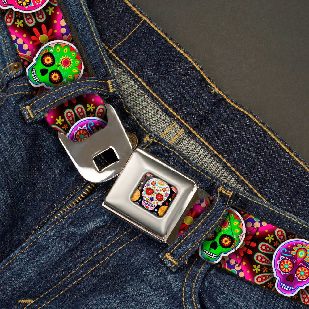 Sugar Skull Starburst Full Color Black/Multi Color Seatbelt Belt - Six Sugar Skulls Multi Color Webbing Seatbelt Belts Thaneeya McArdle
