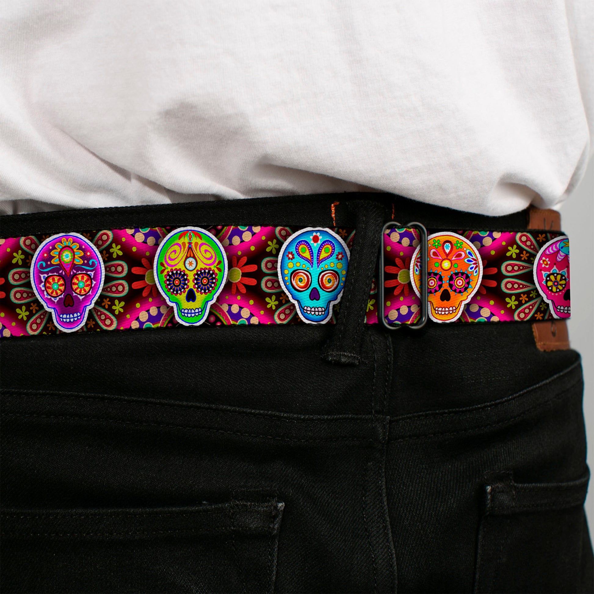 Sugar Skull Starburst Full Color Black/Multi Color Seatbelt Belt - Six Sugar Skulls Multi Color Webbing Seatbelt Belts Thaneeya McArdle