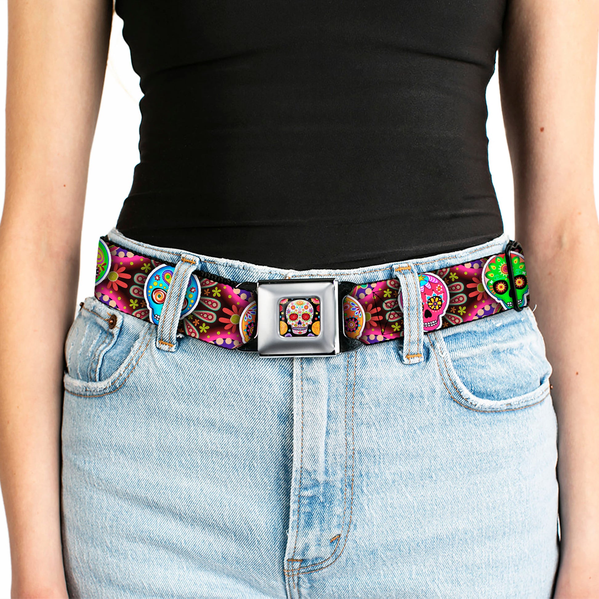 Sugar Skull Starburst Full Color Black/Multi Color Seatbelt Belt - Six Sugar Skulls Multi Color Webbing Seatbelt Belts Thaneeya McArdle