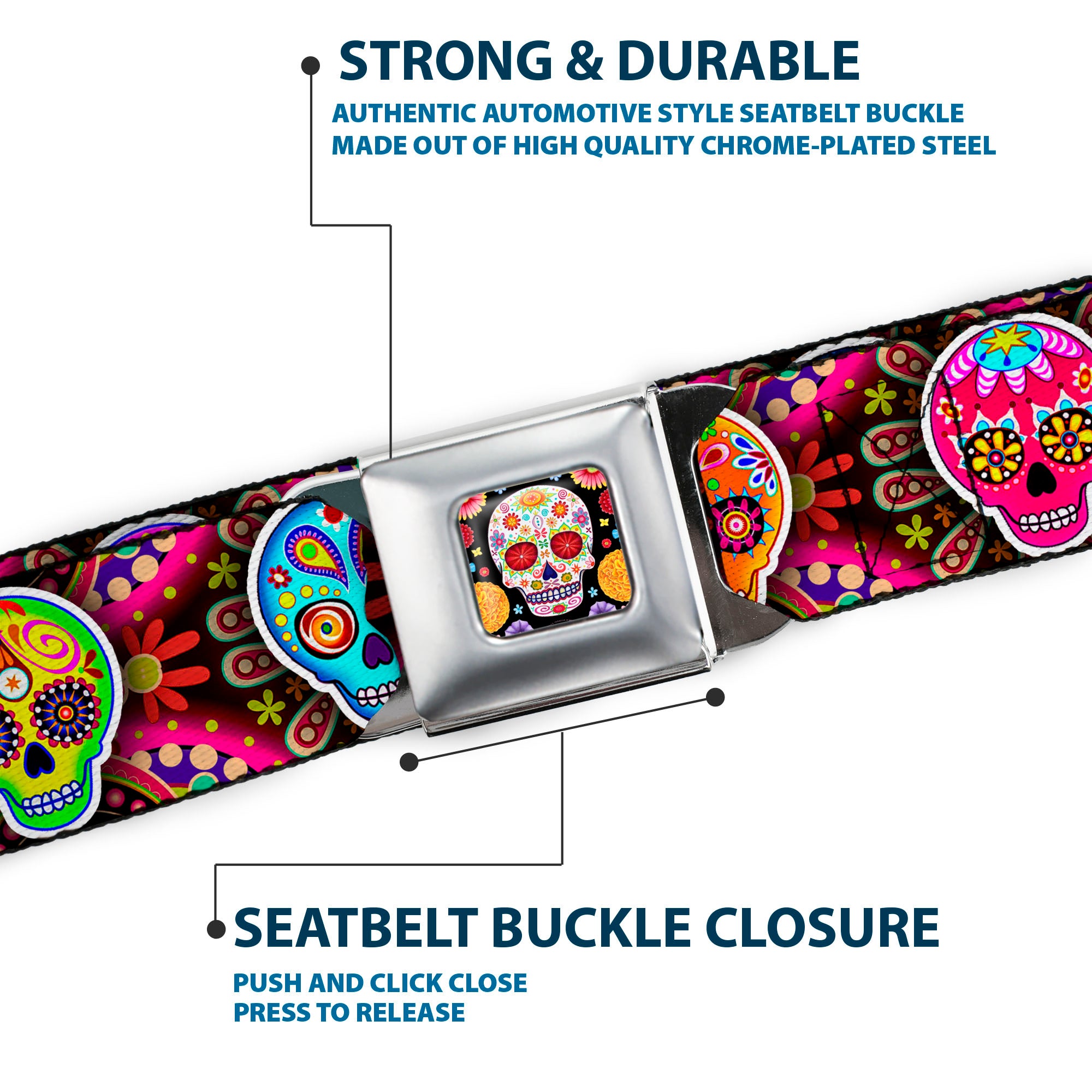 Sugar Skull Starburst Full Color Black/Multi Color Seatbelt Belt - Six Sugar Skulls Multi Color Webbing Seatbelt Belts Thaneeya McArdle