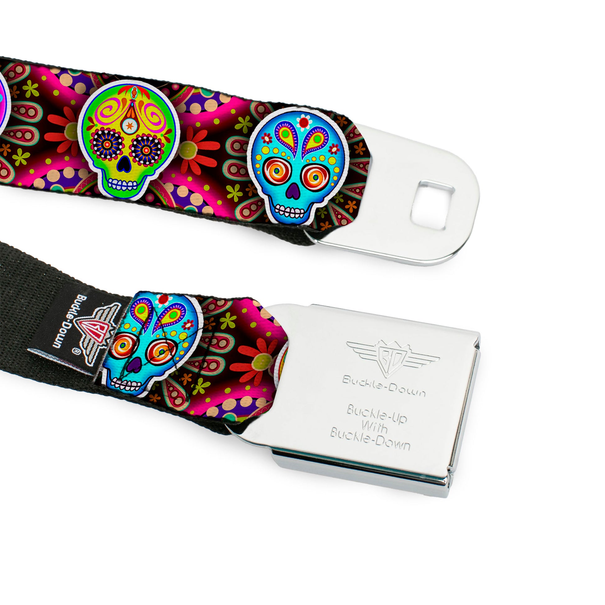 Sugar Skull Starburst Full Color Black/Multi Color Seatbelt Belt - Six Sugar Skulls Multi Color Webbing Seatbelt Belts Thaneeya McArdle