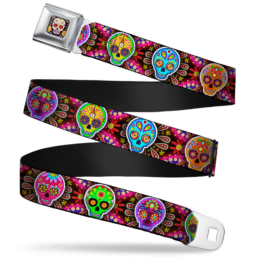 Sugar Skull Starburst Full Color Black/Multi Color Seatbelt Belt - Six Sugar Skulls Multi Color Webbing Seatbelt Belts Thaneeya McArdle