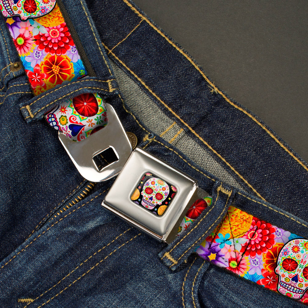Sugar Skull Starburst Full Color Black/Multi Color Seatbelt Belt - Sugar Skull Starburst White/Multi Color Webbing Seatbelt Belts Thaneeya McArdle