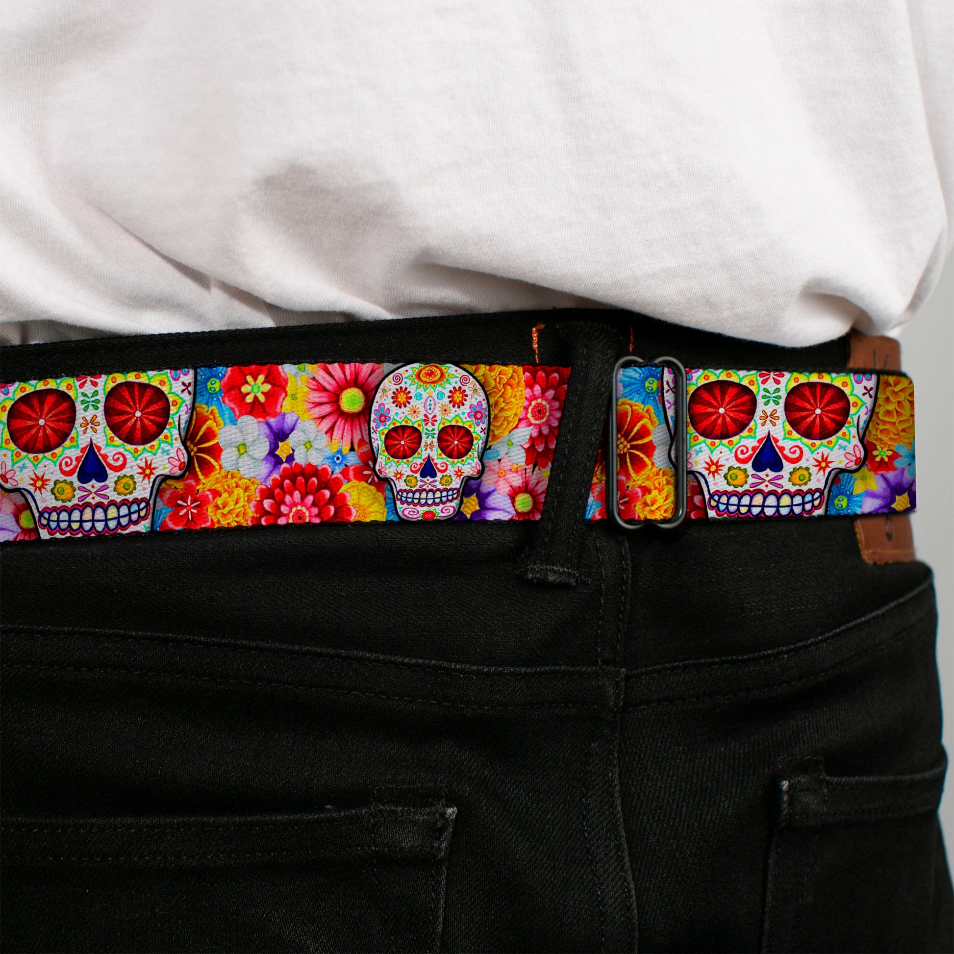 Sugar Skull Starburst Full Color Black/Multi Color Seatbelt Belt - Sugar Skull Starburst White/Multi Color Webbing Seatbelt Belts Thaneeya McArdle