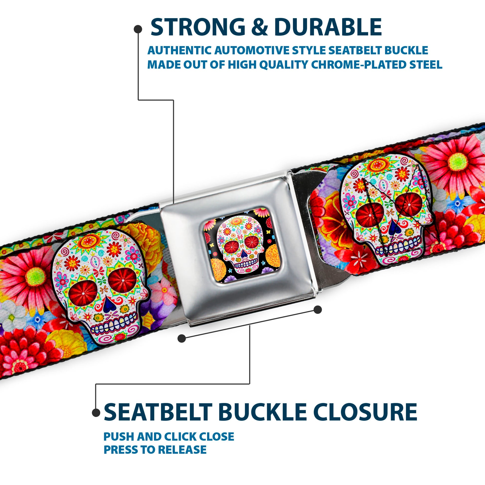Sugar Skull Starburst Full Color Black/Multi Color Seatbelt Belt - Sugar Skull Starburst White/Multi Color Webbing Seatbelt Belts Thaneeya McArdle