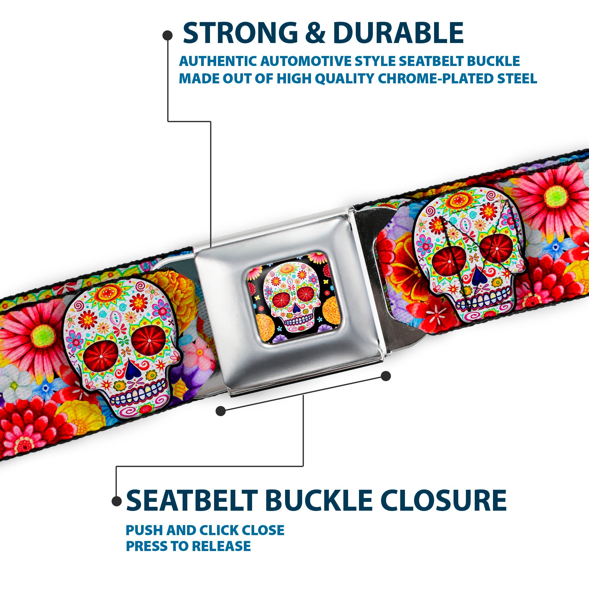 Sugar Skull Starburst Full Color Black/Multi Color Seatbelt Belt - Sugar Skull Starburst White/Multi Color Webbing Seatbelt Belts Thaneeya McArdle