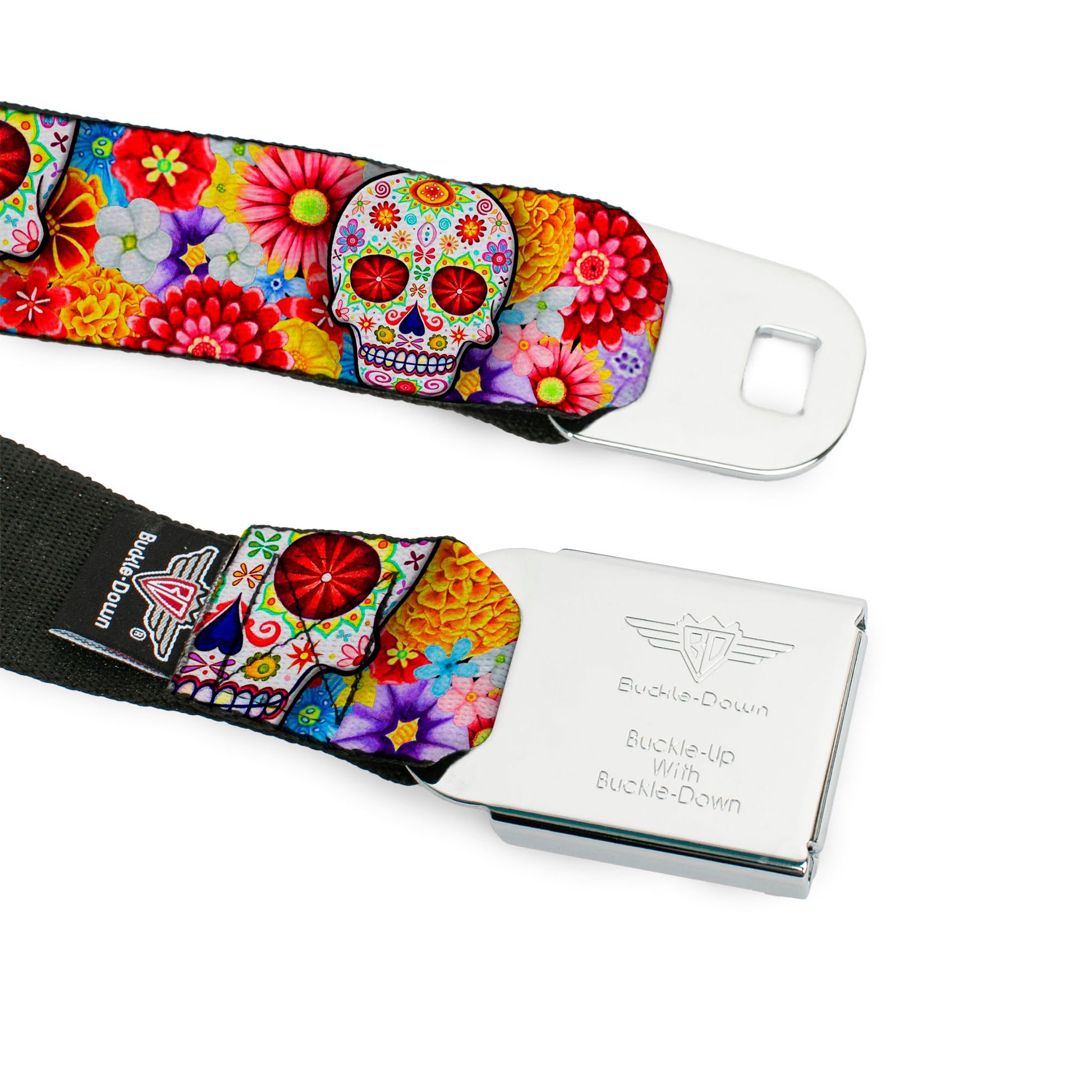 Sugar Skull Starburst Full Color Black/Multi Color Seatbelt Belt - Sugar Skull Starburst White/Multi Color Webbing Seatbelt Belts Thaneeya McArdle