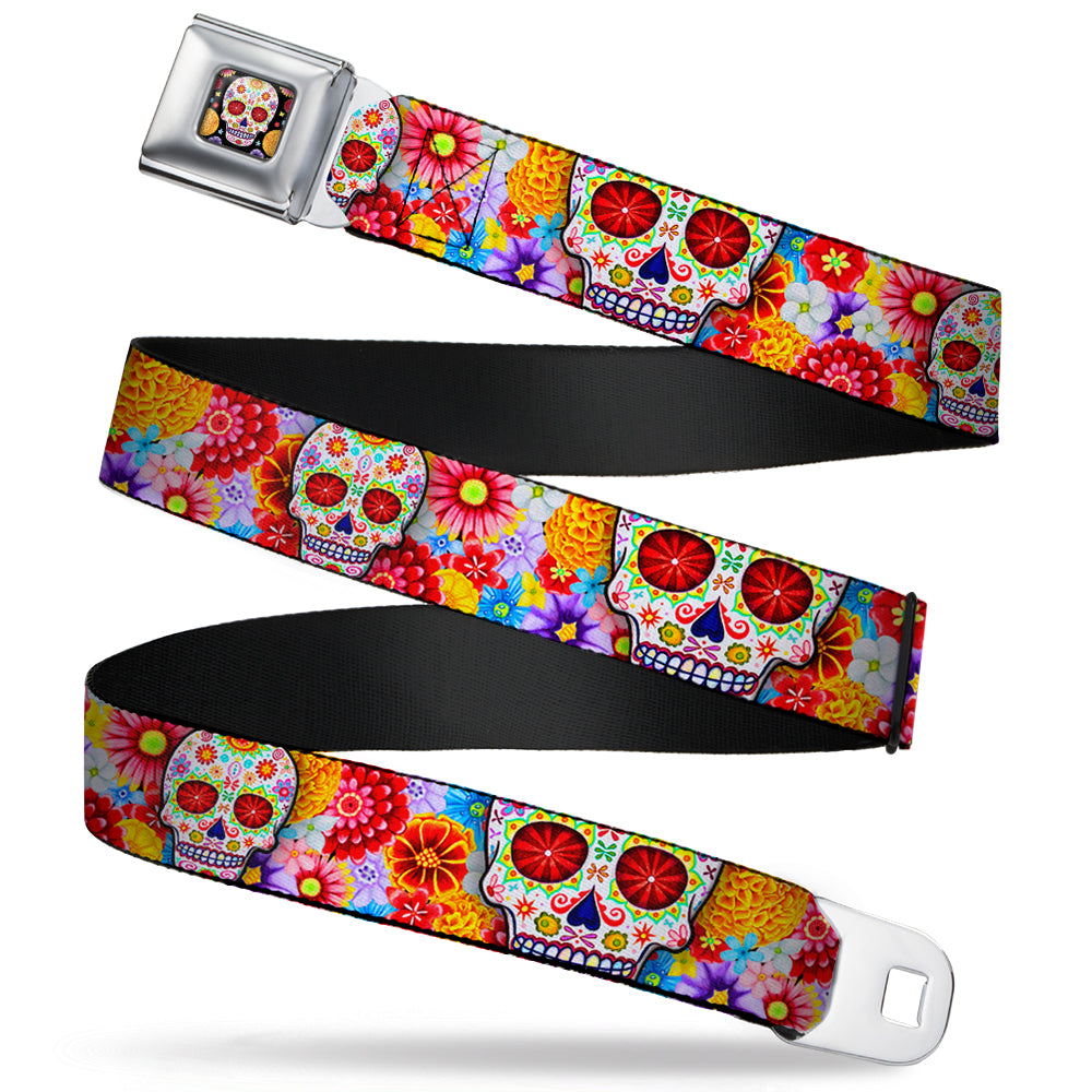 Sugar Skull Starburst Full Color Black/Multi Color Seatbelt Belt - Sugar Skull Starburst White/Multi Color Webbing Seatbelt Belts Thaneeya McArdle