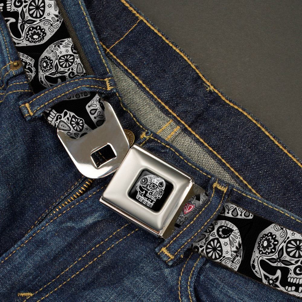 The Dust of Living II Skull Full Color Black/White Seatbelt Belt - The Dust of Living II Sugar Skulls Black/White Webbing Seatbelt Belts Thaneeya McArdle
