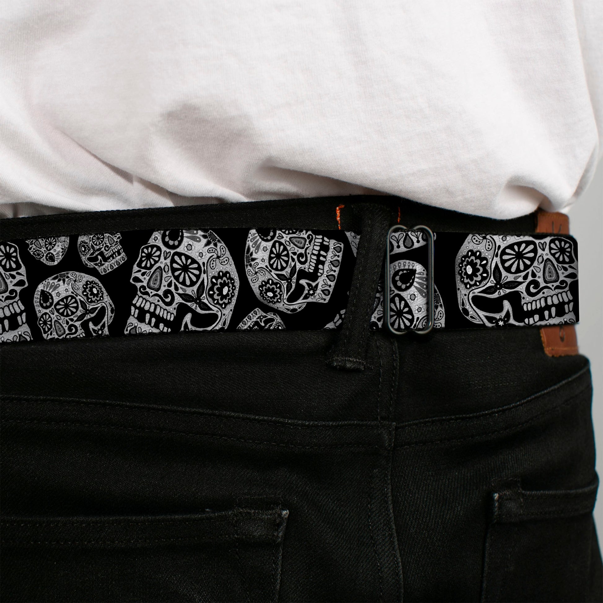 The Dust of Living II Skull Full Color Black/White Seatbelt Belt - The Dust of Living II Sugar Skulls Black/White Webbing Seatbelt Belts Thaneeya McArdle