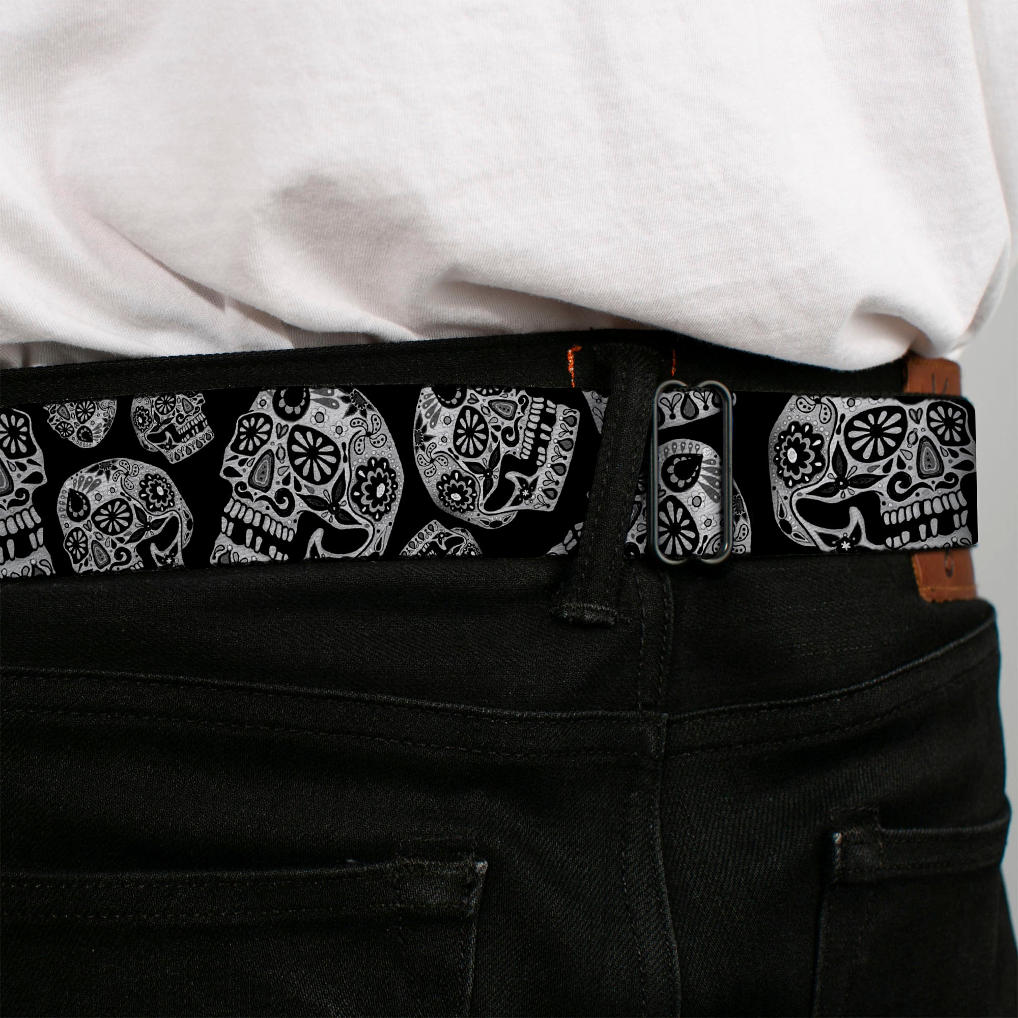 The Dust of Living II Skull Full Color Black/White Seatbelt Belt - The Dust of Living II Sugar Skulls Black/White Webbing Seatbelt Belts Thaneeya McArdle