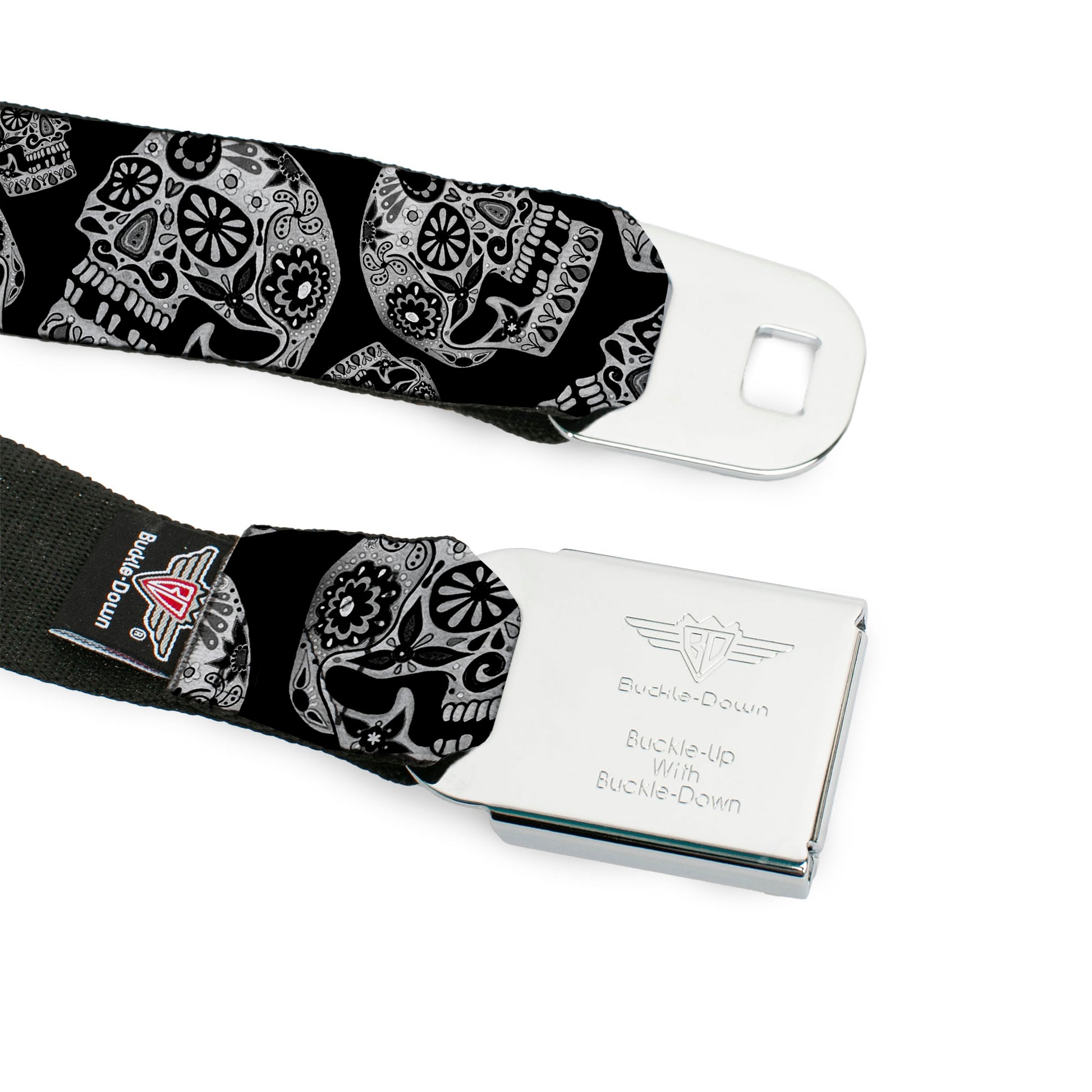 The Dust of Living II Skull Full Color Black/White Seatbelt Belt - The Dust of Living II Sugar Skulls Black/White Webbing Seatbelt Belts Thaneeya McArdle