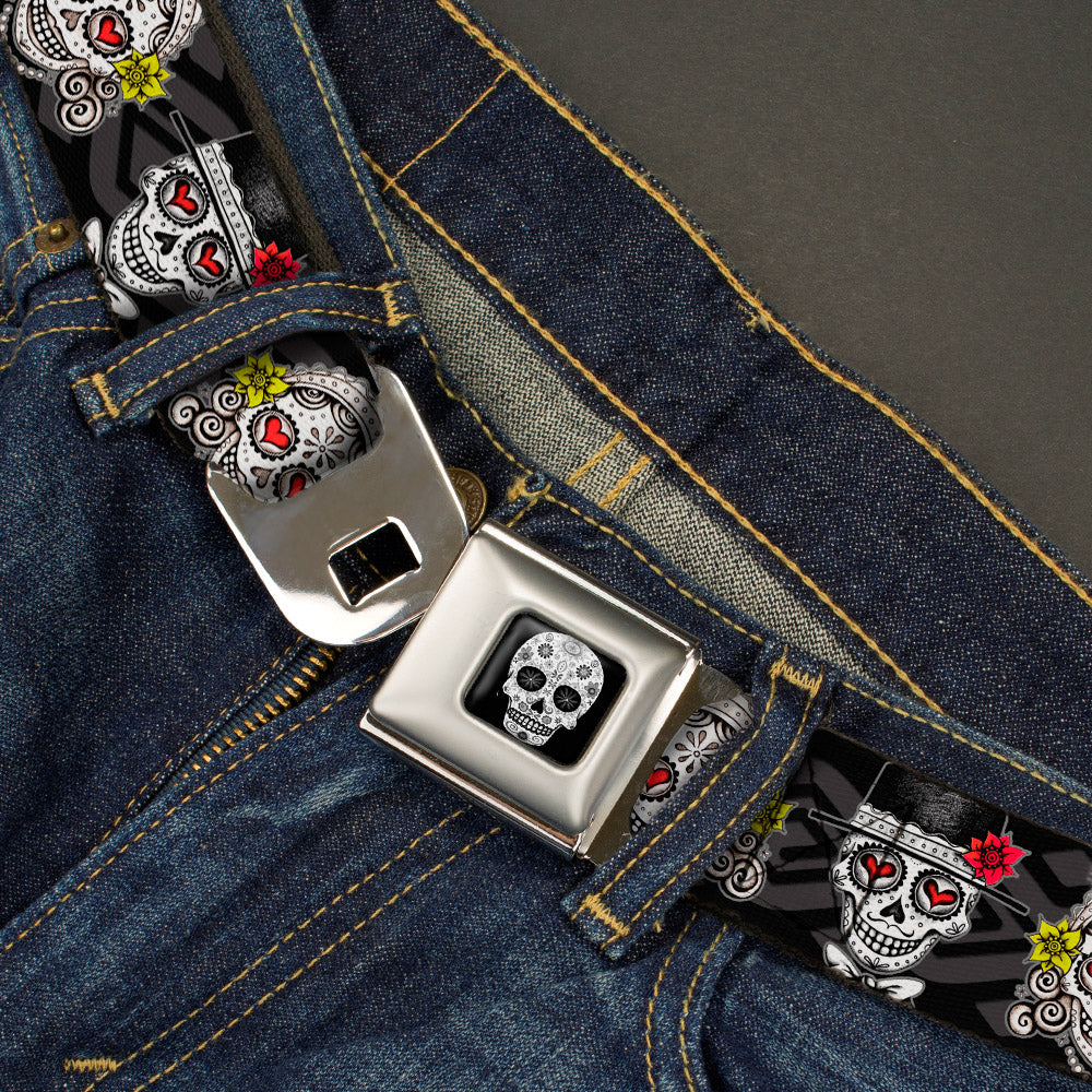 Sugar Skull Full Color Black/White/Gray Seatbelt Belt - Los Novios Black/Gray/White/Multi Color Webbing Seatbelt Belts Thaneeya McArdle