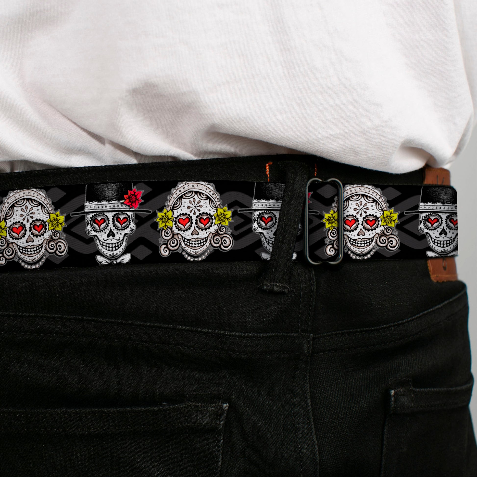 Sugar Skull Full Color Black/White/Gray Seatbelt Belt - Los Novios Black/Gray/White/Multi Color Webbing Seatbelt Belts Thaneeya McArdle