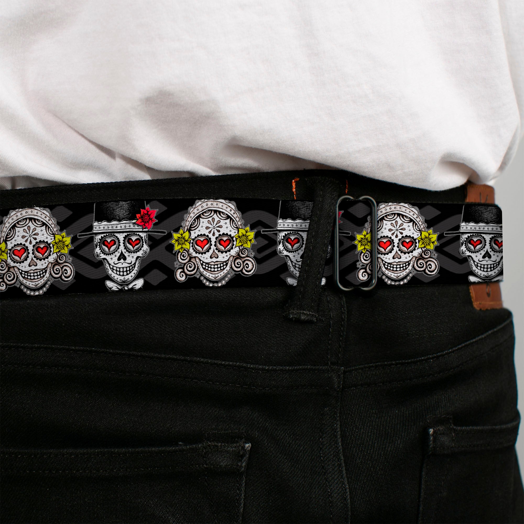 Sugar Skull Full Color Black/White/Gray Seatbelt Belt - Los Novios Black/Gray/White/Multi Color Webbing Seatbelt Belts Thaneeya McArdle