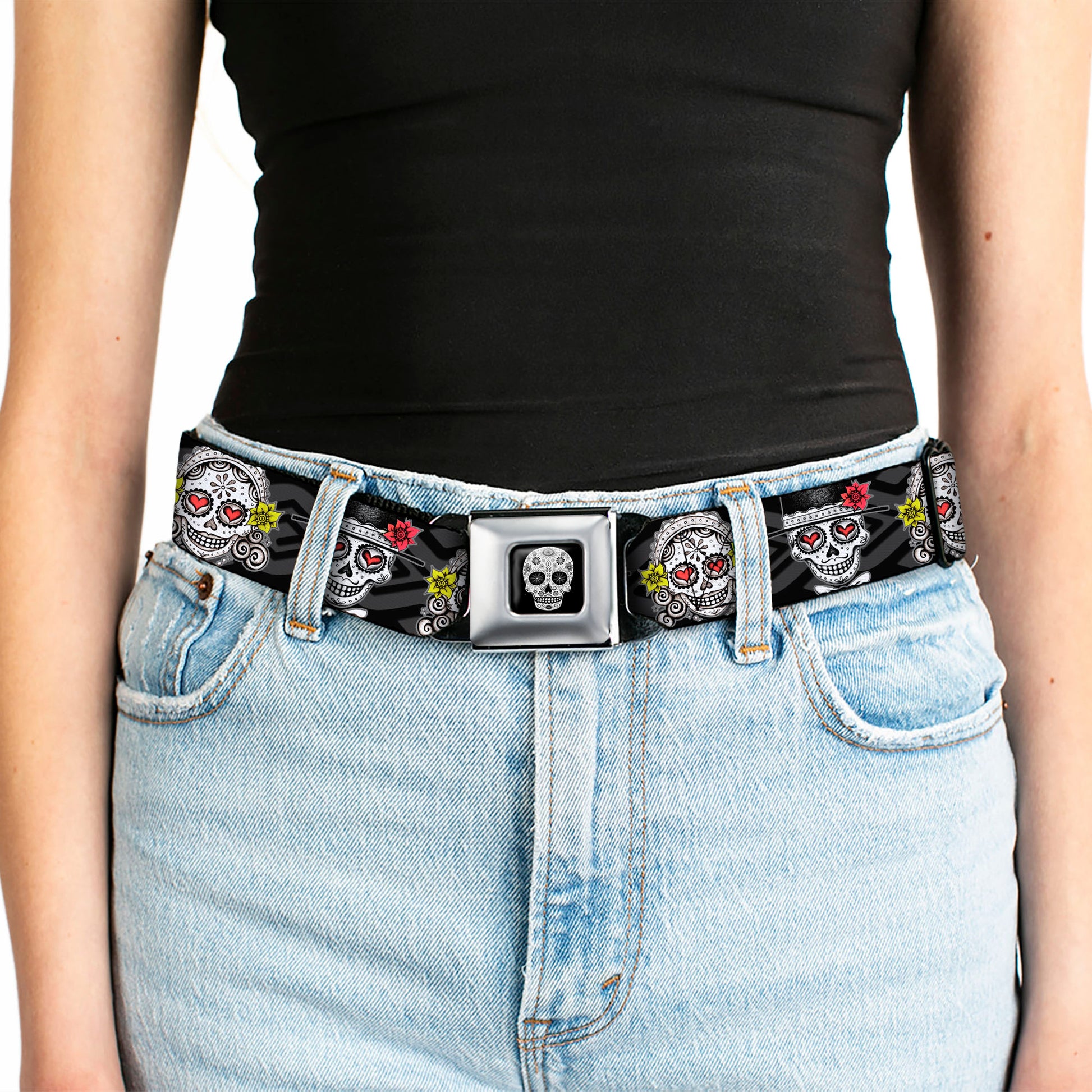 Sugar Skull Full Color Black/White/Gray Seatbelt Belt - Los Novios Black/Gray/White/Multi Color Webbing Seatbelt Belts Thaneeya McArdle